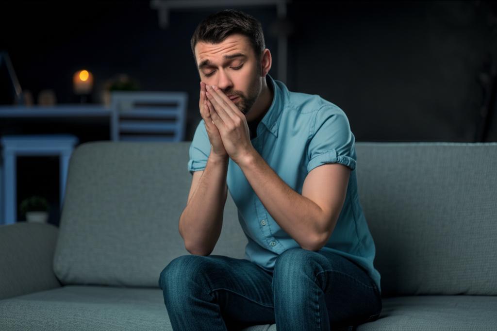 tired man sitting on sofa in the evening feeling drained