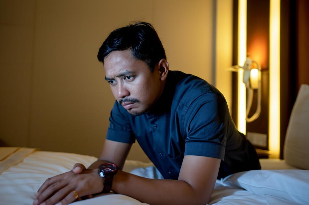 AI prompt: realistic photo of a tired malay businessman in a hotel room looking stressed, evening light