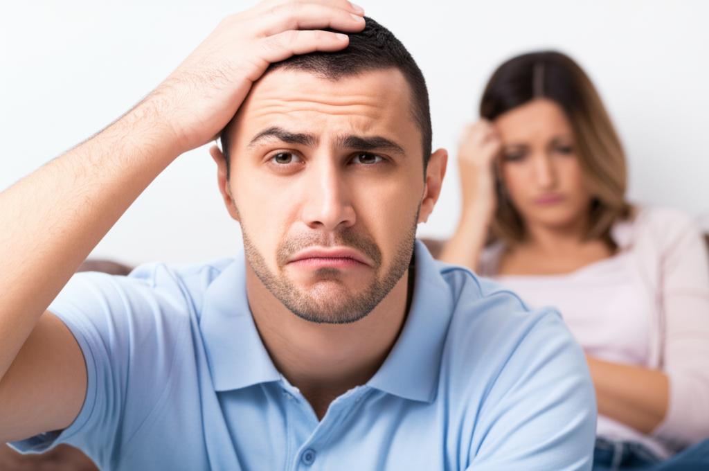 Man looking stressed, partner looking disappointed, representing relationship strain due to low vitality