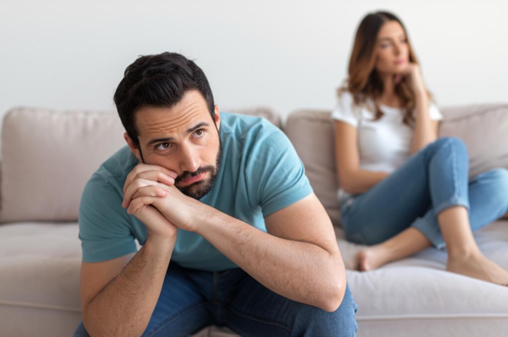 man looking tired and stressed, sitting on a sofa, wife looking disappointed in the background, soft lighting, conveying marital strain