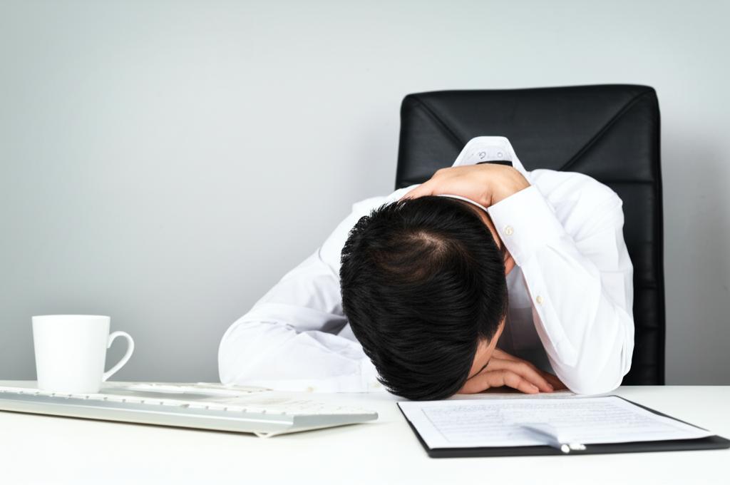 ai generated image of a tired office worker slumped over a desk, feeling drained and unmotivated