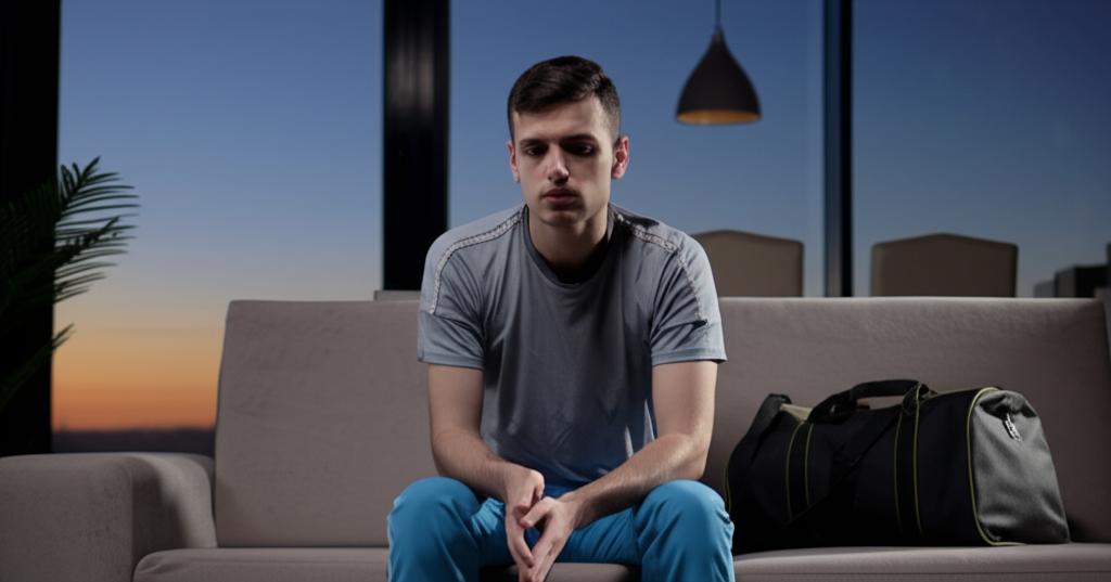 Man feeling tired after workout, sitting slumped on sofa with gym bag beside him, evening setting, realistic style