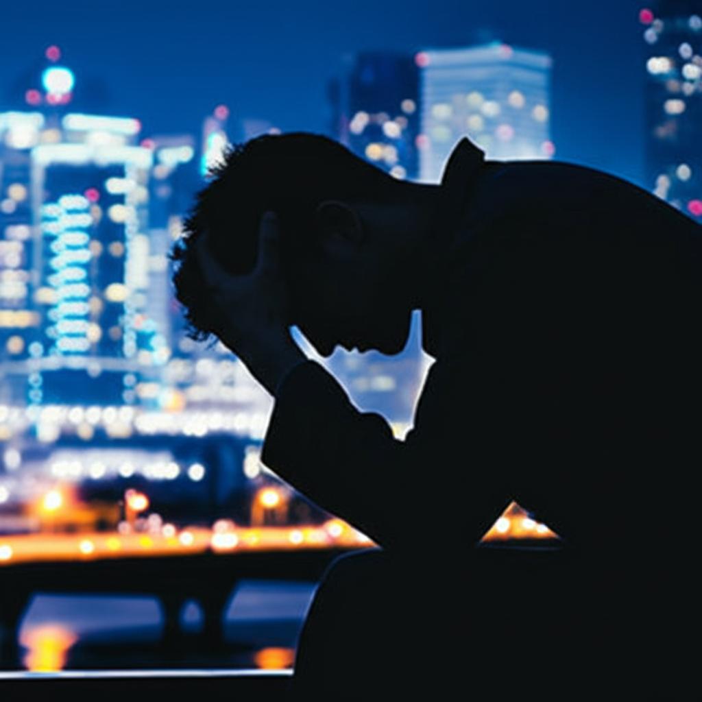 Man sitting stressed with head in hands, silhouetted against city lights, representing stress impacting men