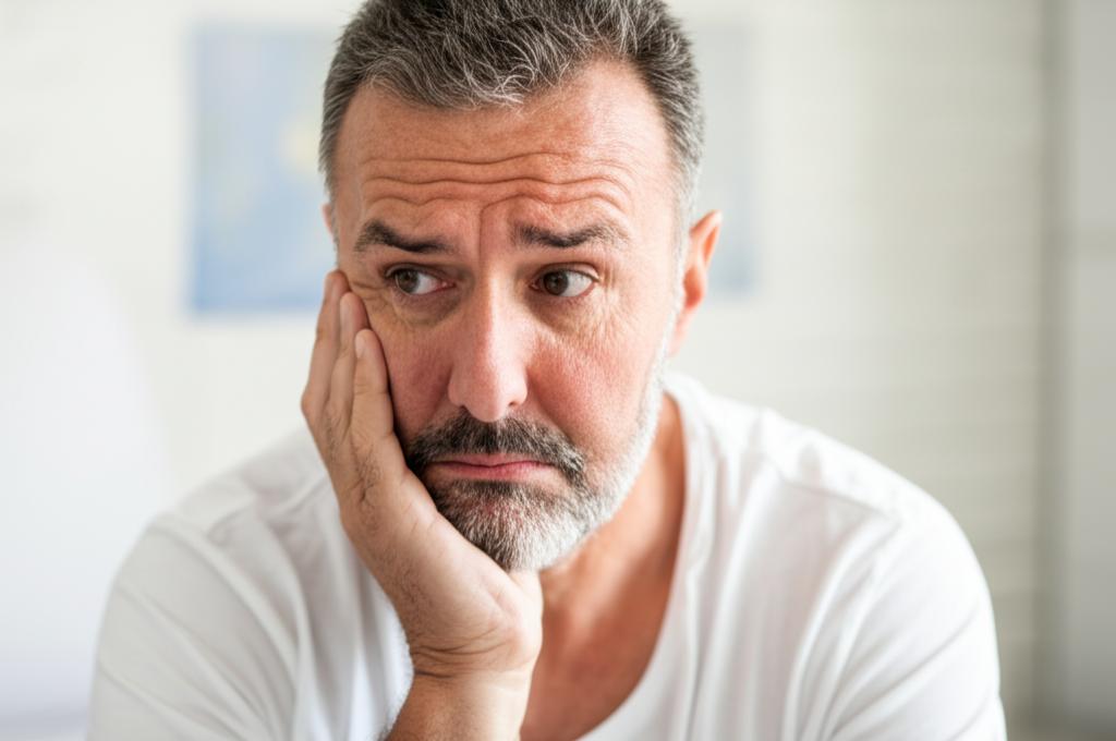 A middle-aged man looking pensive and slightly anxious, sitting alone, representing worry about declining vitality. Realistic photo style.