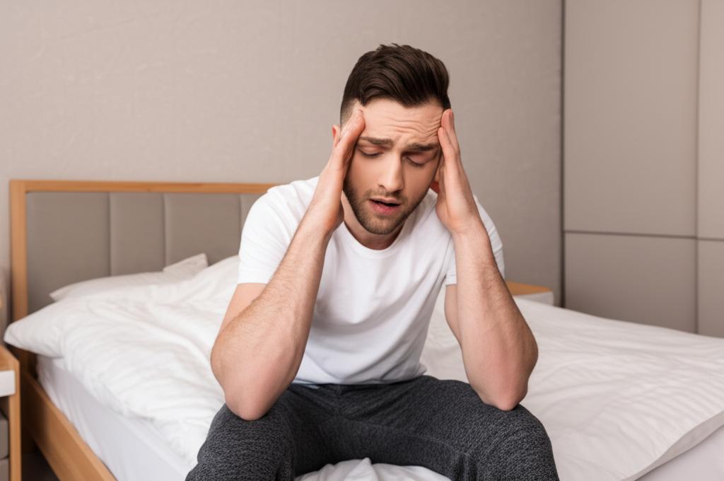Man looking stressed and disappointed in bedroom setting, AI generated