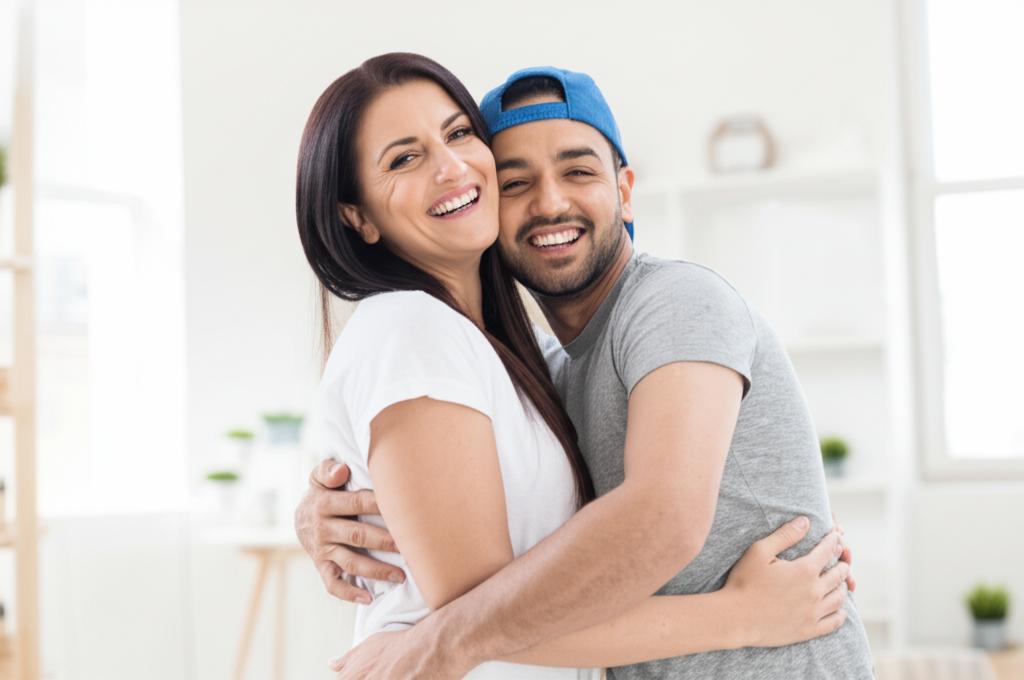 happy couple embracing after using product