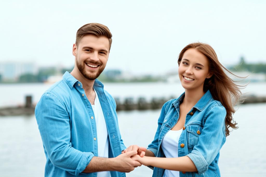 Man smiling confidently, holding hands with his partner, bright and positive atmosphere