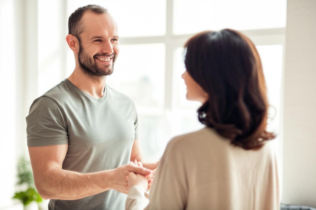 man looking confident and happy, holding hands with his smiling wife, bright and warm lighting, conveying restored intimacy