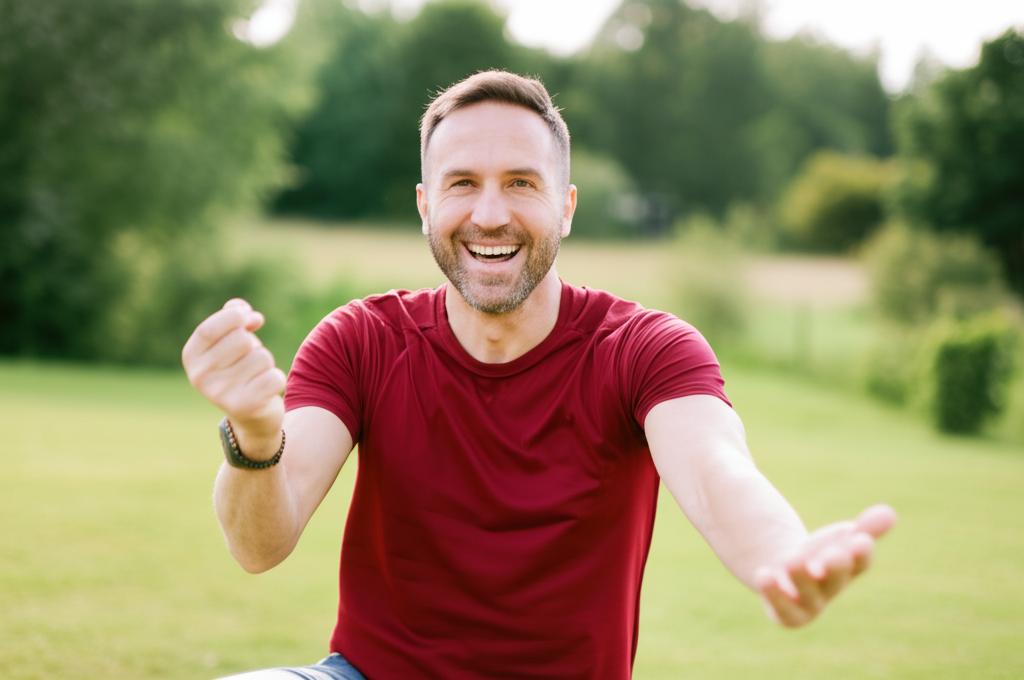 Man smiling energetically, perhaps playing with kids or exercising outdoors, showing a positive transformation.