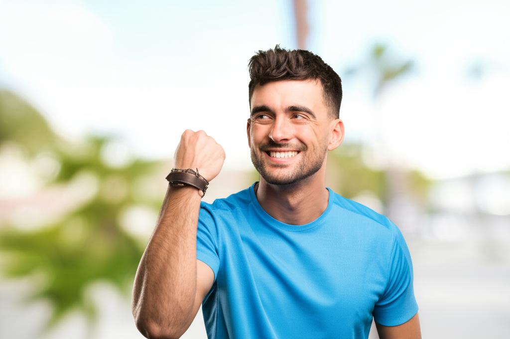 Man looking energetic and happy, smiling