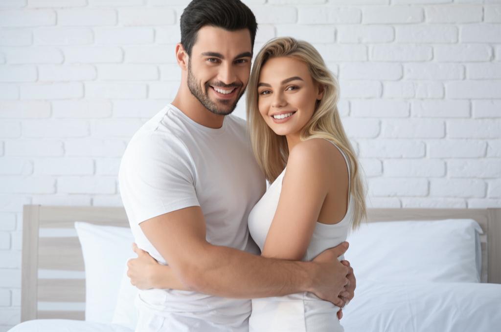 Happy couple embracing in a bedroom, representing restored intimacy and confidence