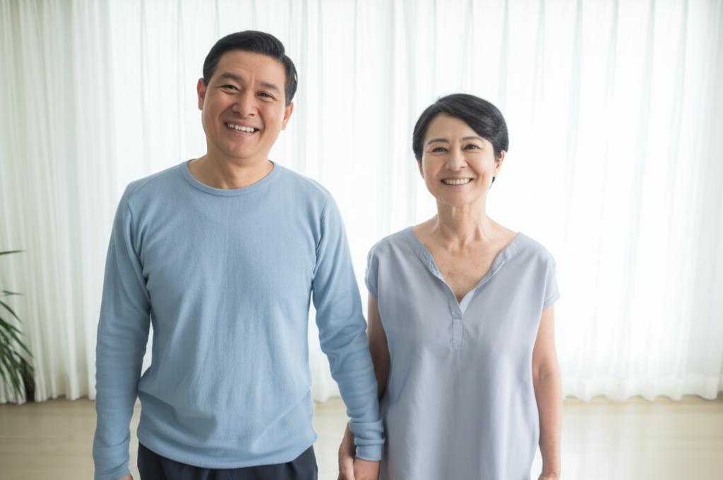 A middle-aged man smiling confidently and holding hands with his partner, representing improved vitality and relationship. Realistic photo style.