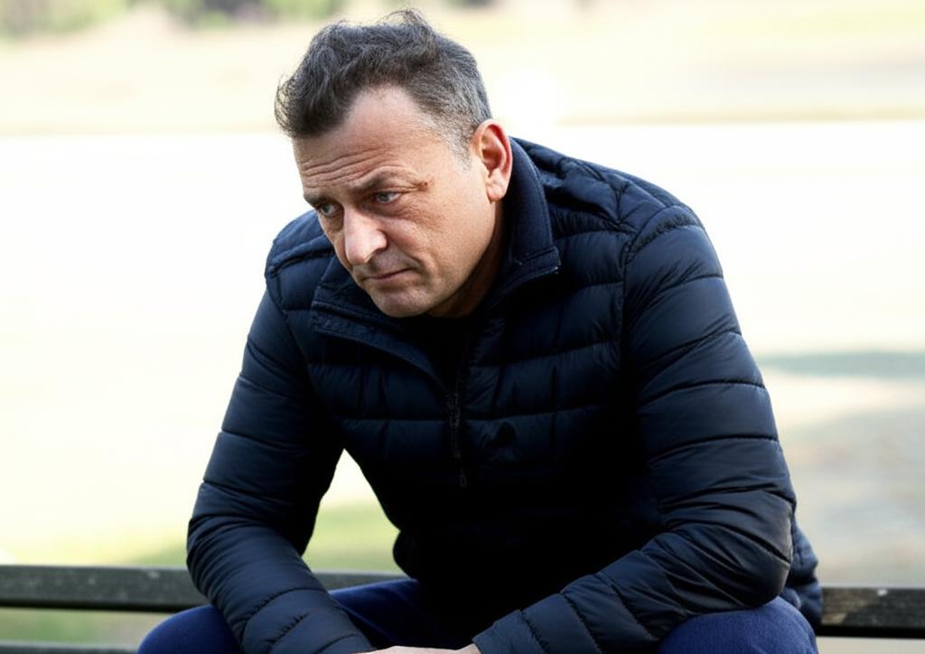 Middle-aged man looking tired and reflecting on past vitality, sitting alone, perhaps with a distant look. realistic photo