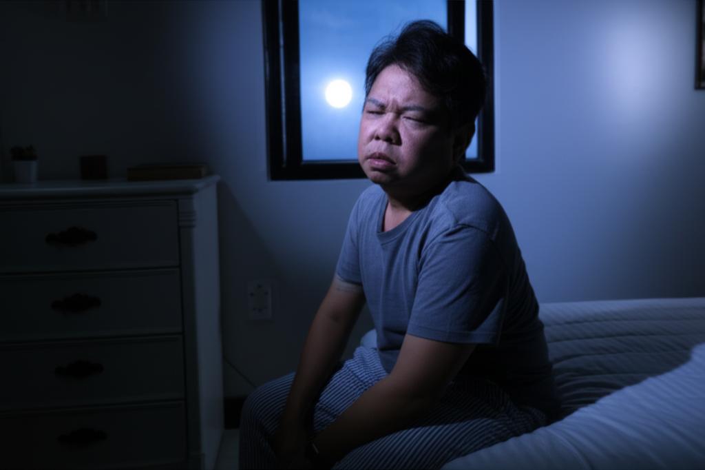 tired middle aged asian man waking up at night to go to the toilet, dark room, frustrated expression
