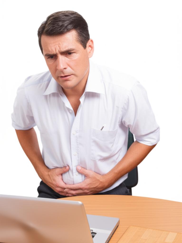 Middle-aged man sitting uncomfortably at a desk, holding his lower abdomen, looking stressed.
