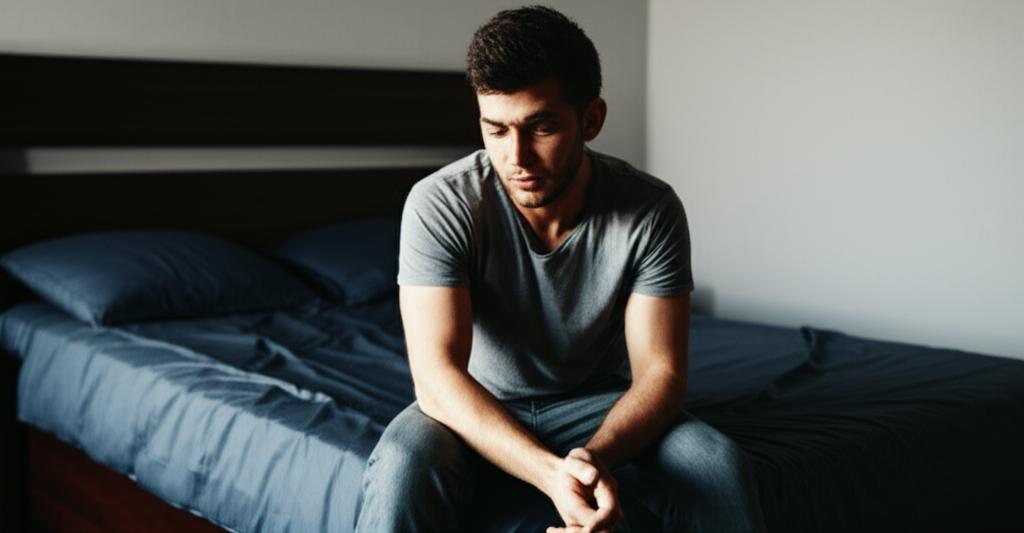 Young man looking tired after intimacy, sitting on bed, feeling frustrated, low energy, bedroom setting, realistic photo