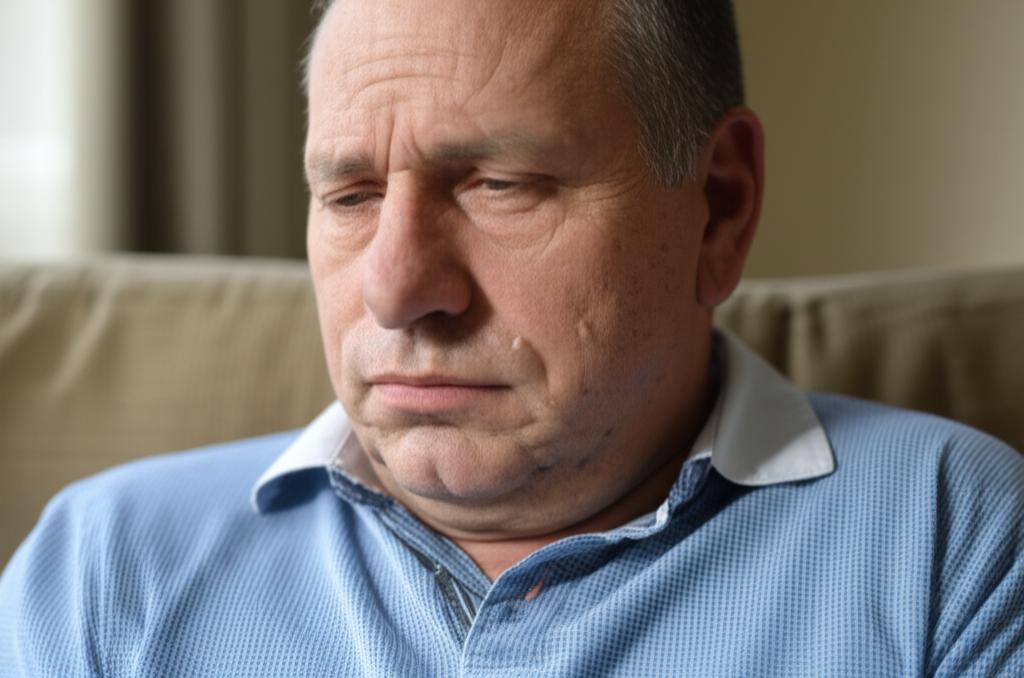Middle-aged man looking stressed and tired, sitting alone on a sofa