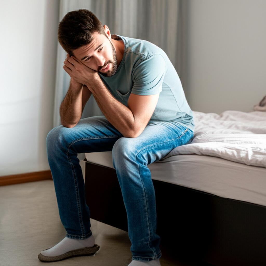 A man looking thoughtful and slightly worried while sitting on the edge of a bed, illustrating concern about performance decline
