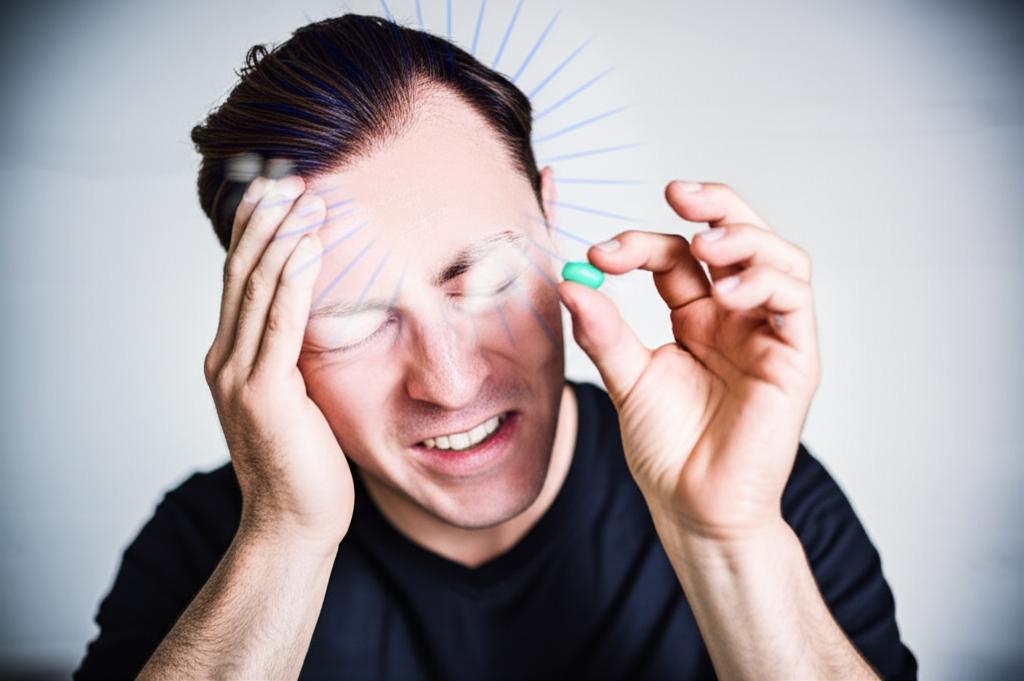 Man holding his head, experiencing headache after taking a pill, with blurred vision effect around eyes. Frustrated expression.