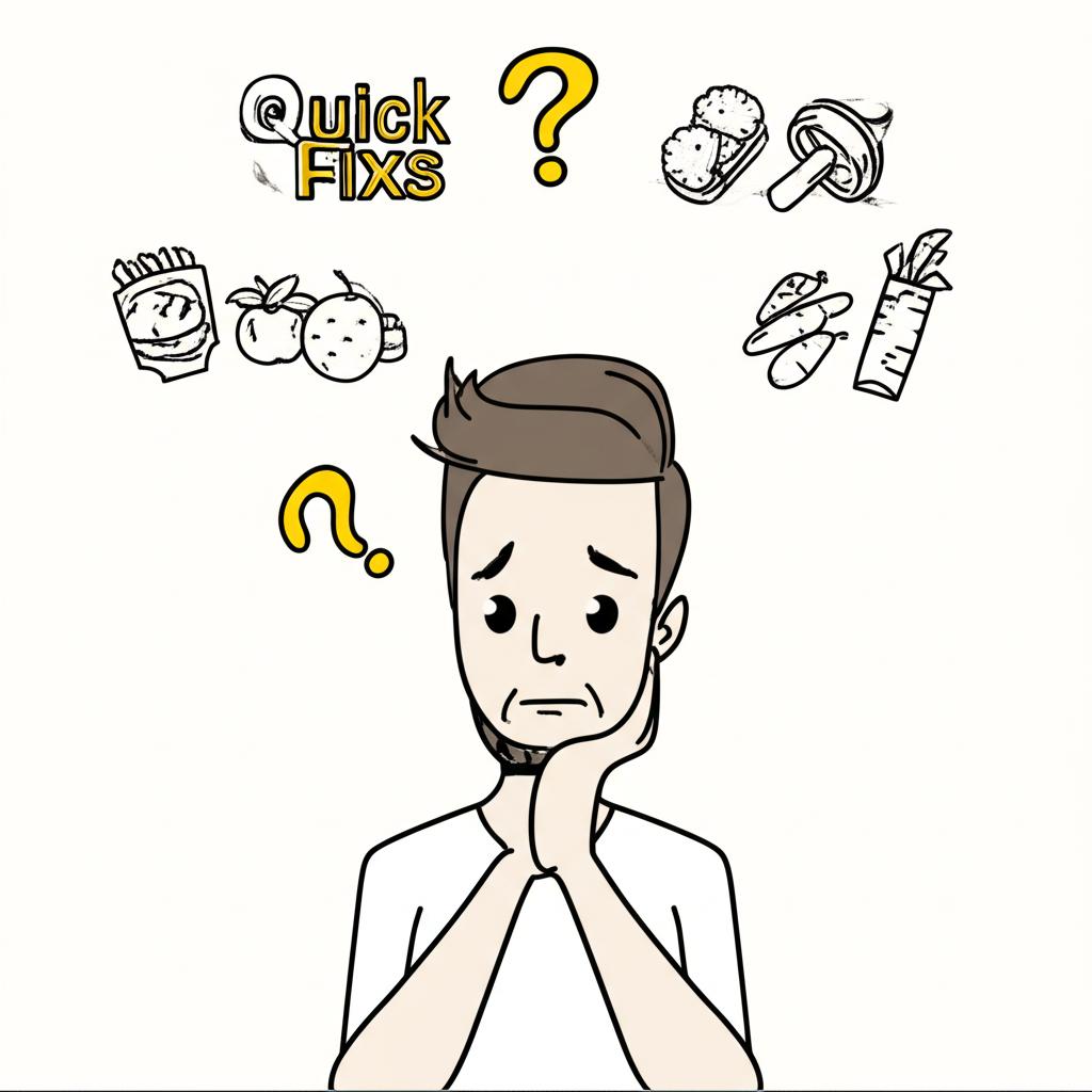 Illustration of a man looking stressed, with a question mark above his head, thinking about quick fixes vs long-term health