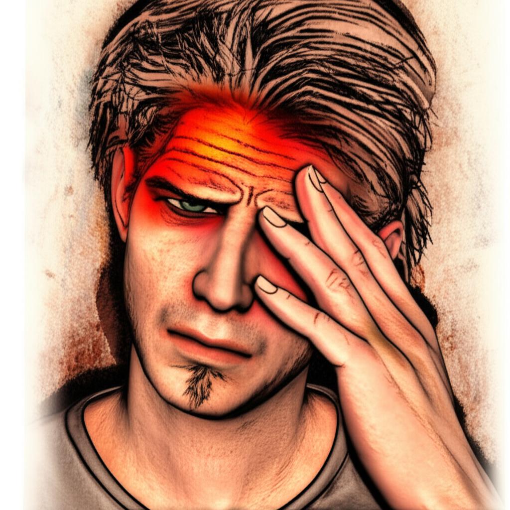 Man experiencing headache and blurred vision, looking frustrated, digital art