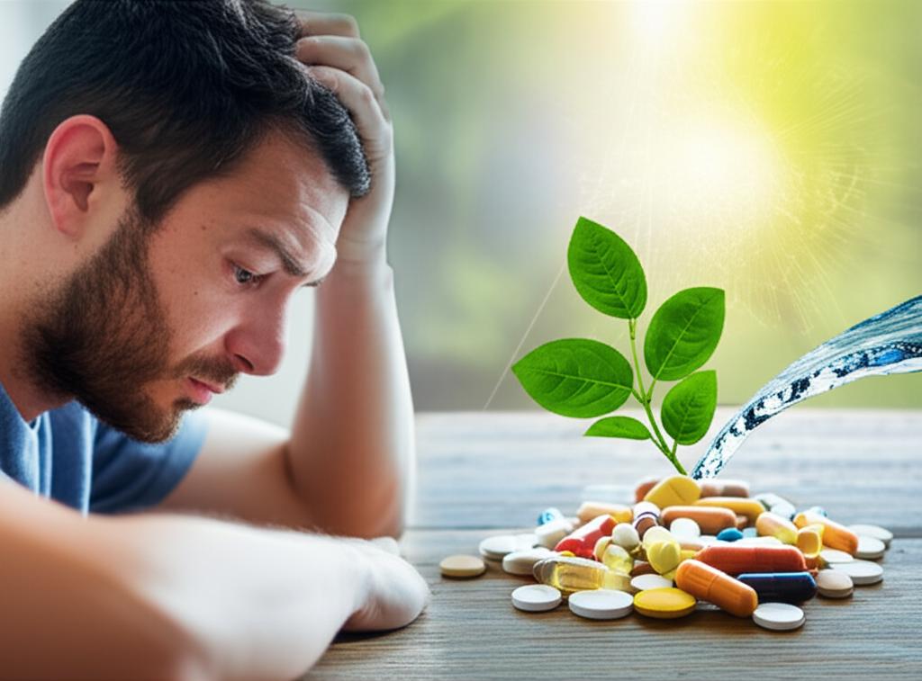 man looking frustrated with pills, thinking about natural energy, ai generated