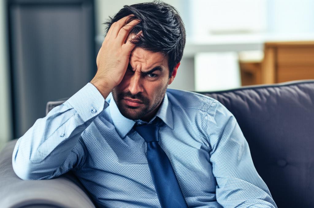 A tired looking man sitting on a sofa, looking stressed after a long day at work.