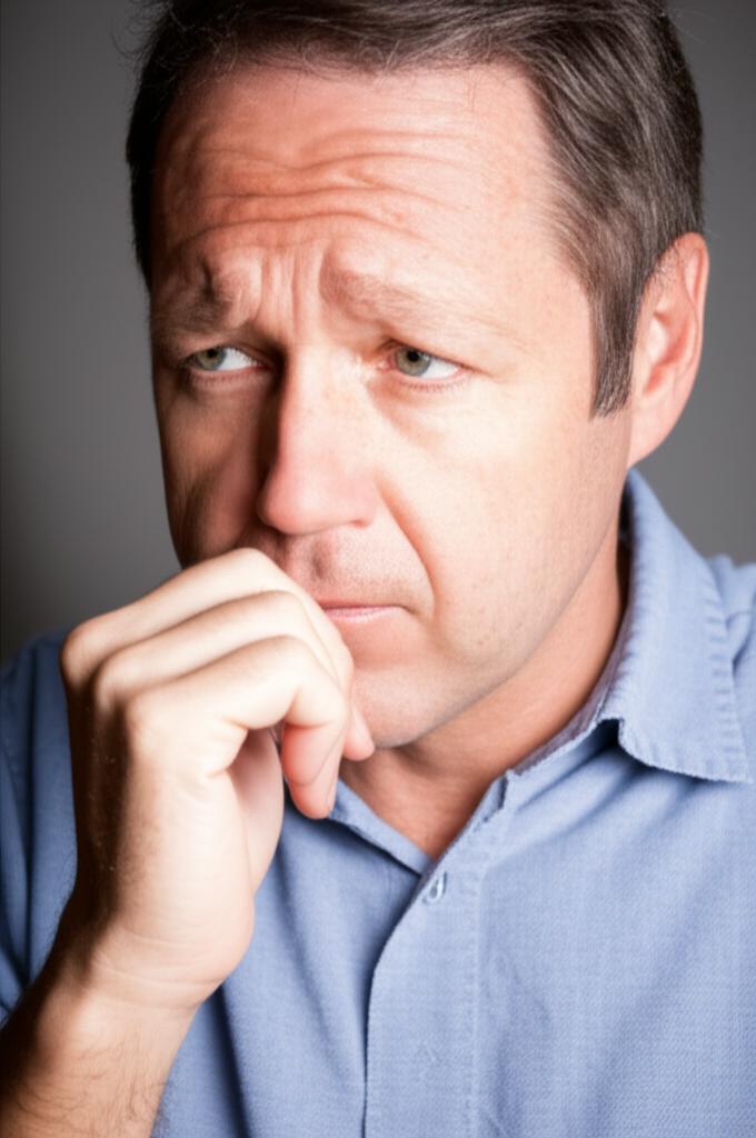 Middle aged man looking frustrated and thoughtful