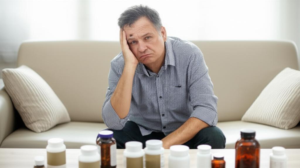 Frustrated middle-aged man sitting on a sofa, looking tired, surrounded by various supplement bottles.