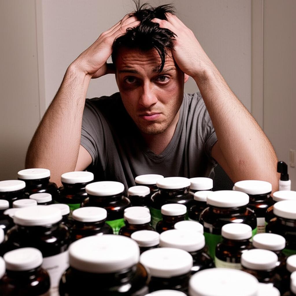 man looking tired and frustrated, surrounded by empty supplement bottles, realistic photo