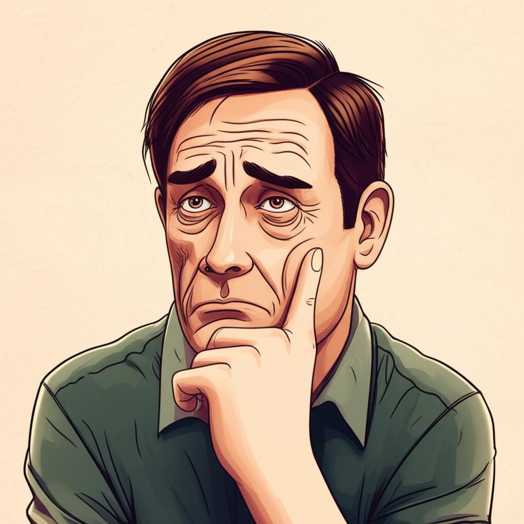 Middle aged man looking worried, thinking about performance issues, illustration in empathetic style