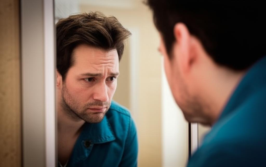 Man looking disappointed in the mirror, reflecting on past failures