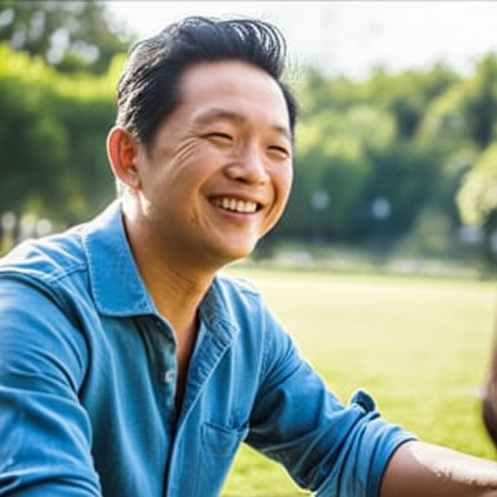Middle-aged Asian man looking energetic and happy, perhaps playing with family or engaging in a hobby, smiling confidently. realistic photo