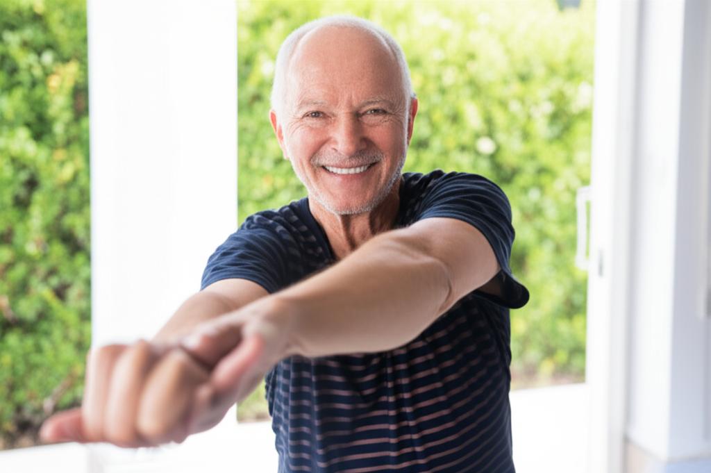 ai prompt: image of an older man smiling, looking healthy and energetic, enjoying morning activity, prostate health improved