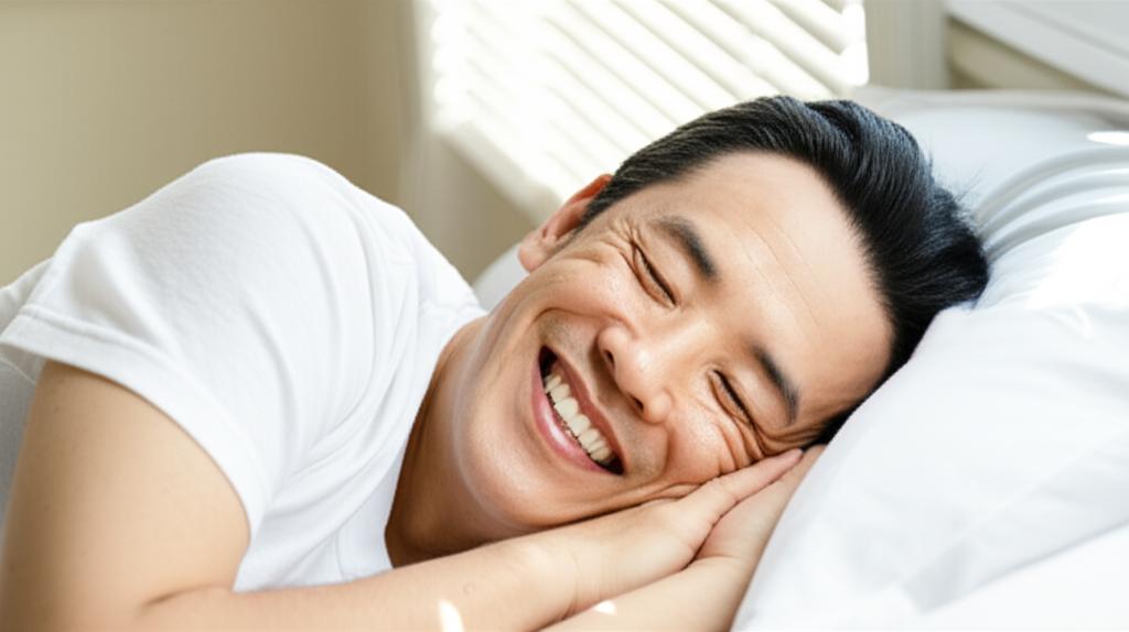 happy middle aged asian man sleeping soundly in bed, sun shining through window, peaceful expression