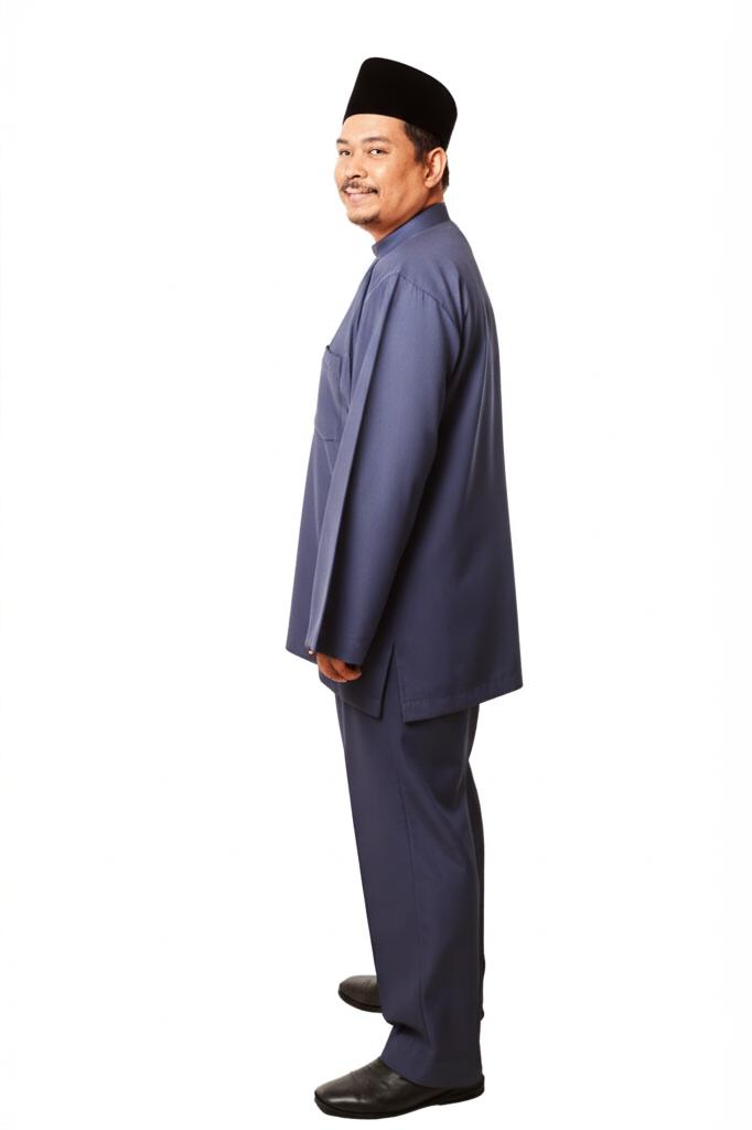 Encik Rahman, a middle-aged Malay man, smiling and standing comfortably after sitting, perhaps stretching slightly.