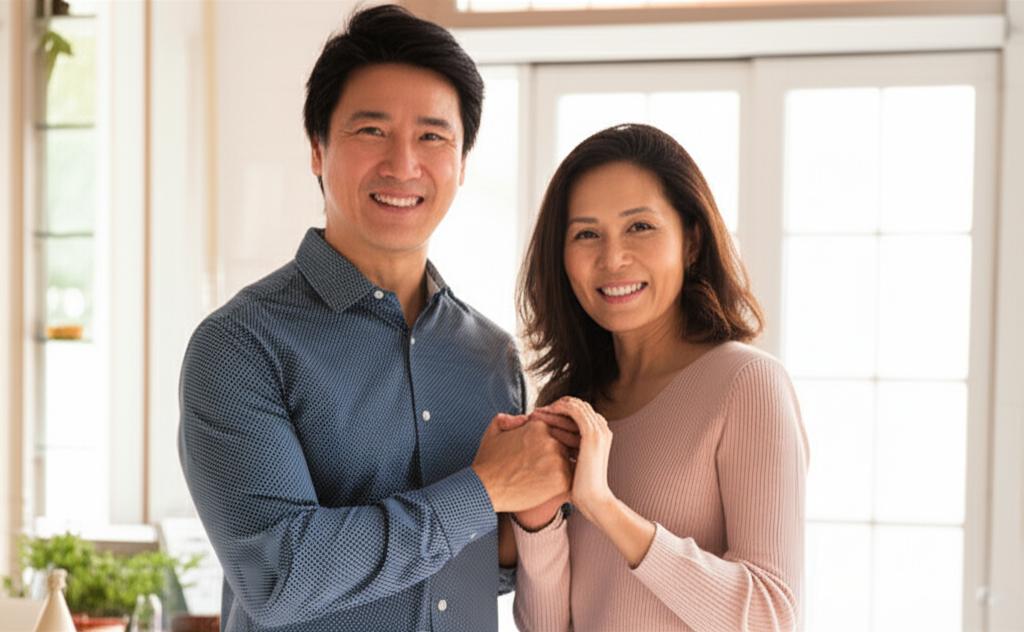 ai prompt: middle aged asian couple smiling and holding hands affectionately, warm home environment, realistic photo
