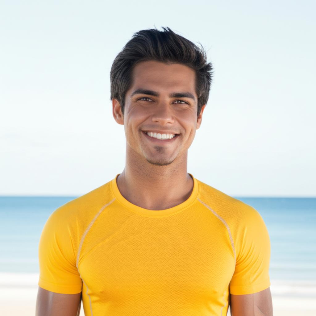 Man looking happy and energetic, smiling, confident pose, healthy lifestyle, daytime setting, realistic photo