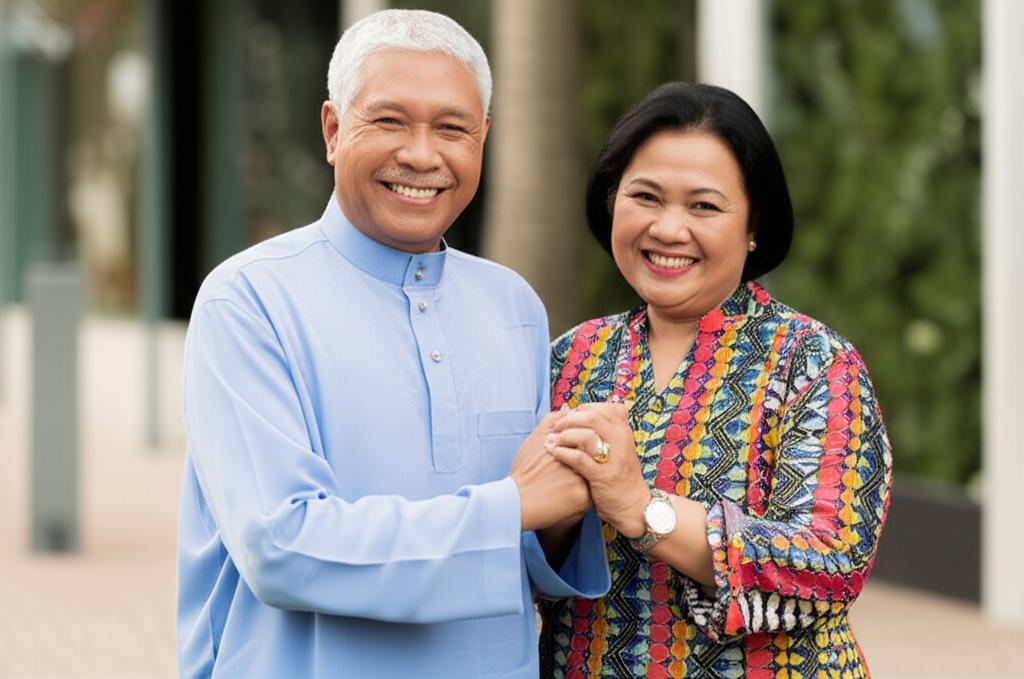 Happy middle-aged Malaysian couple smiling and holding hands