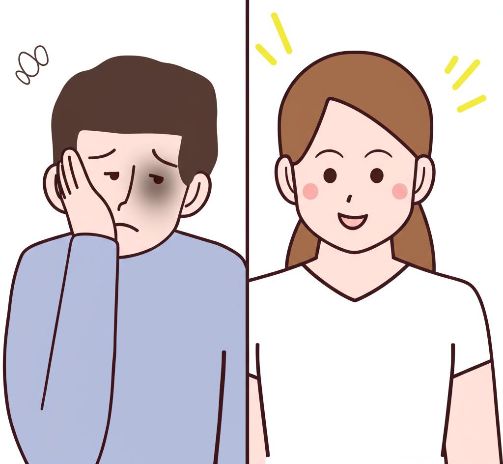 Before and after illustration showing a man looking tired and stressed, then looking energetic and happy with his partner