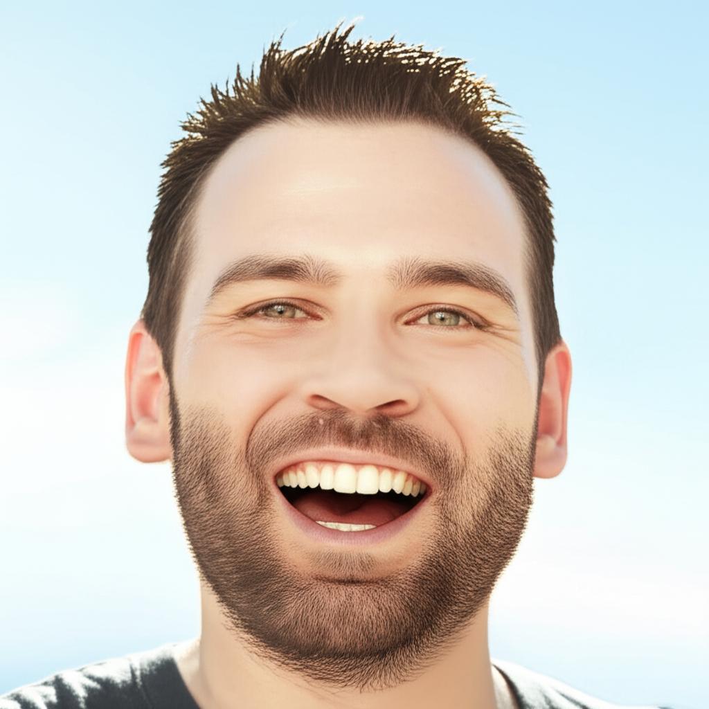 Man smiling confidently, looking healthy and energetic, natural lighting, digital art