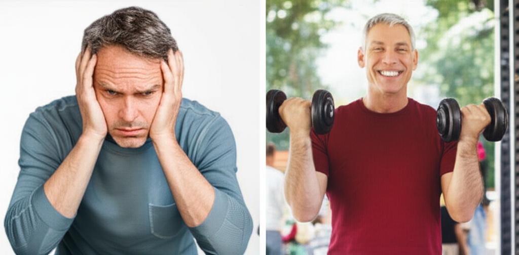 Before/After comparison. Left: Tired, slumped middle-aged man. Right: Energetic, smiling middle-aged man, perhaps lifting weights or playing with kids.