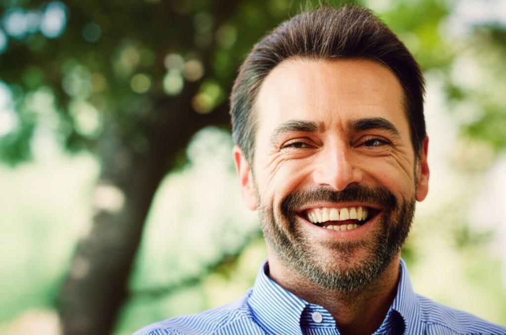 man looking energetic and happy, enjoying life, realistic photo