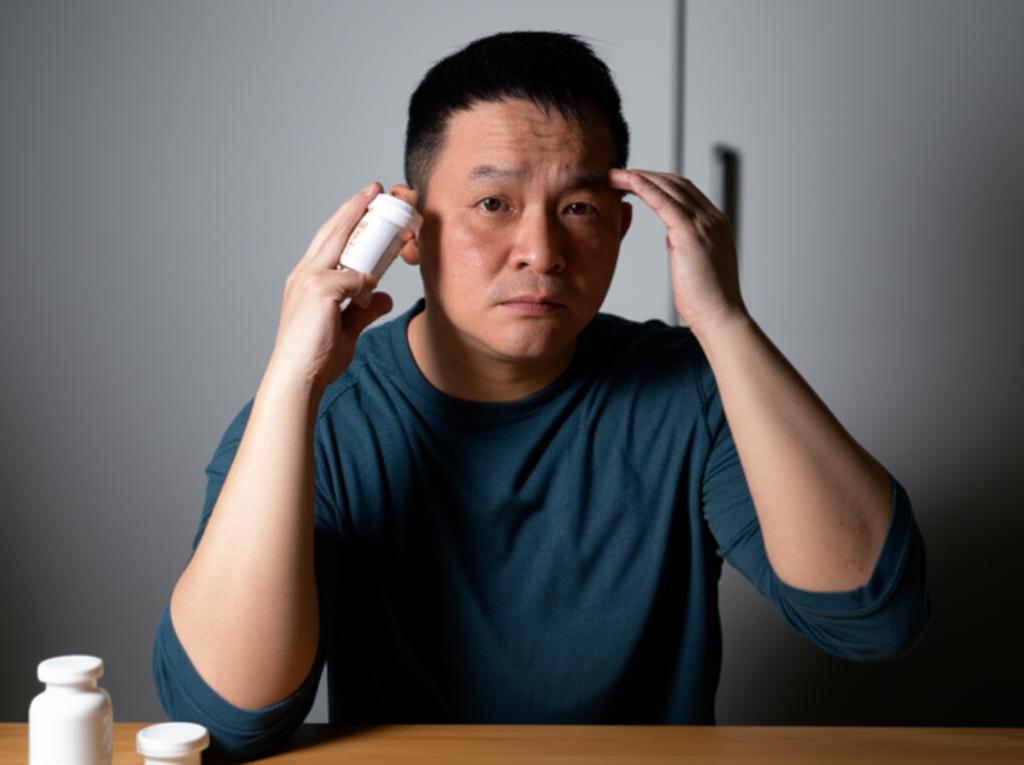 Middle-aged asian man looking tired and holding a pill bottle, feeling stressed, soft lighting, realistic photo