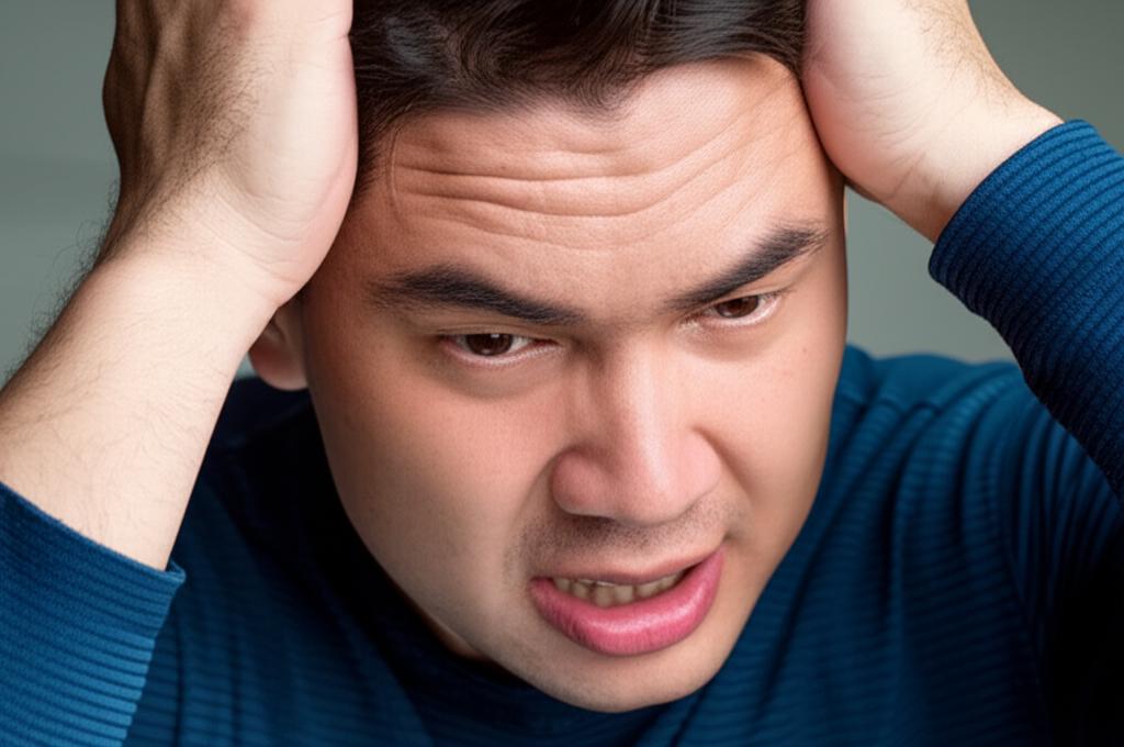Frustrated man holding his head, feeling dizzy after activity.