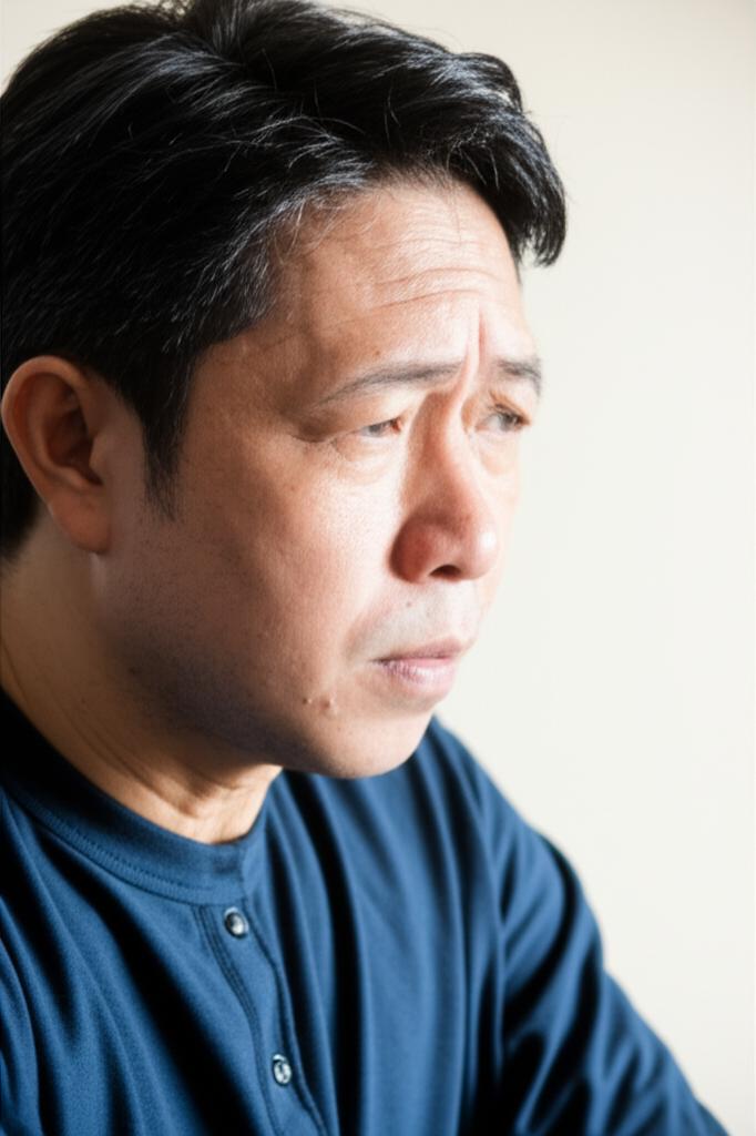 middle aged malaysian man looking thoughtful or slightly weary about health