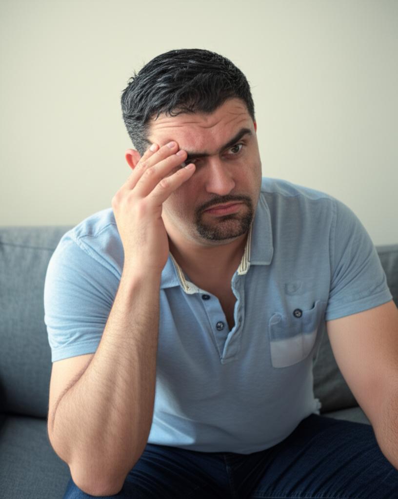 Middle-aged man looking tired, sitting on a couch, thinking about his energy levels. Soft, slightly dim lighting.