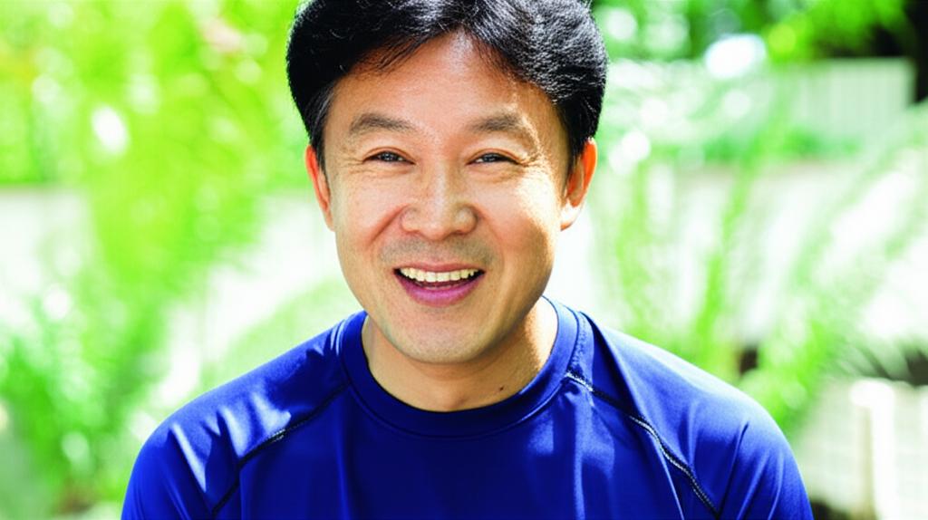 Middle-aged asian man looking energetic and confident, smiling, in a healthy outdoor setting, realistic photo
