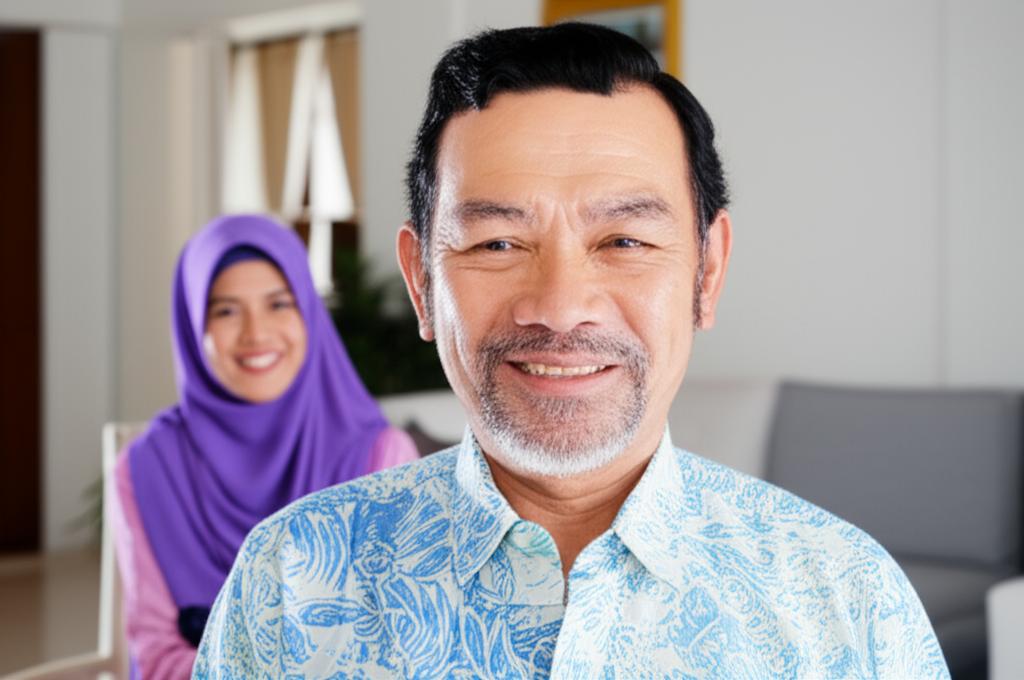 middle aged malaysian man smiling confidently with his wife in the background