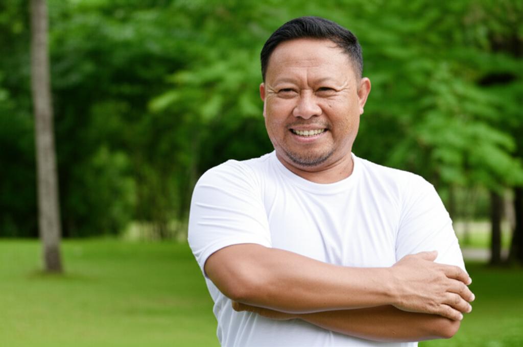 Middle-aged Malay man smiling confidently, looking healthy and energetic, perhaps doing a light exercise. Outdoor setting.
